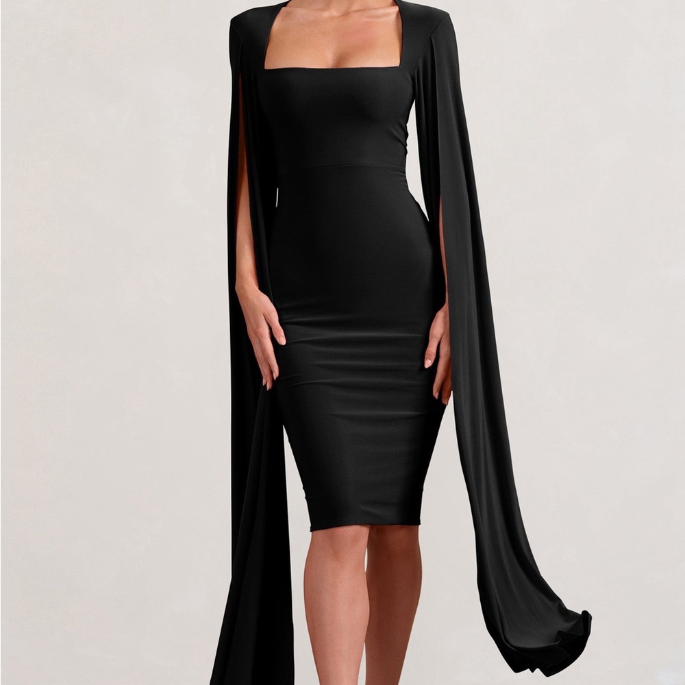 club l london Flawless black Square Neck Midi Dress With Cape Sleeves 2